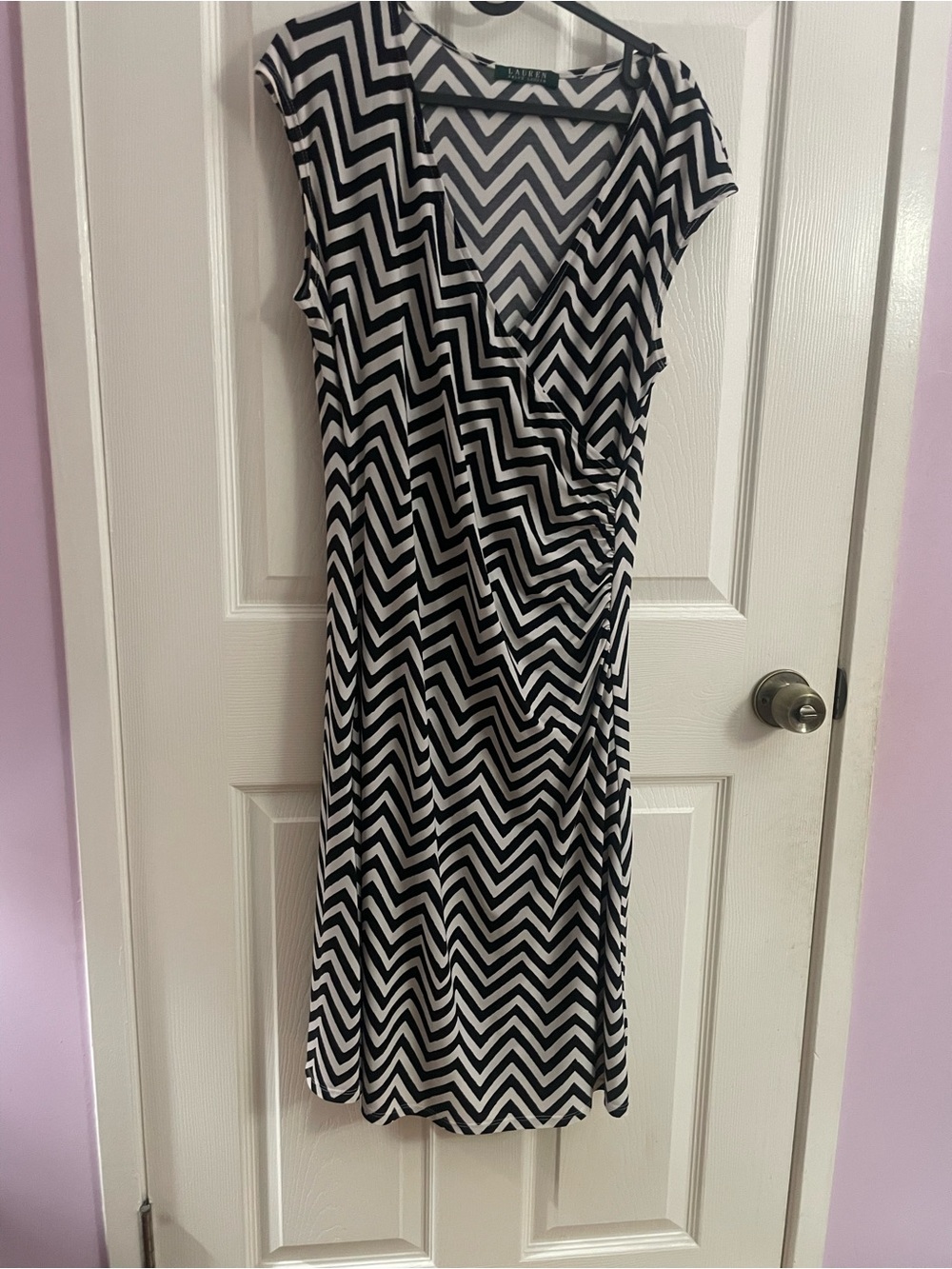 Ralph Lauren Black & White Chevron Faux-Wrap Midi Dress